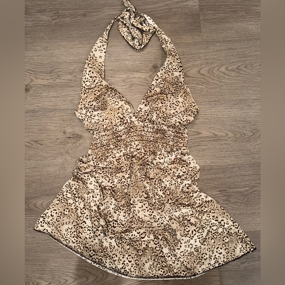 Leopard Print Y2K Halter Babydoll Dress Animal Print Halter Top Cottagecore Sz M